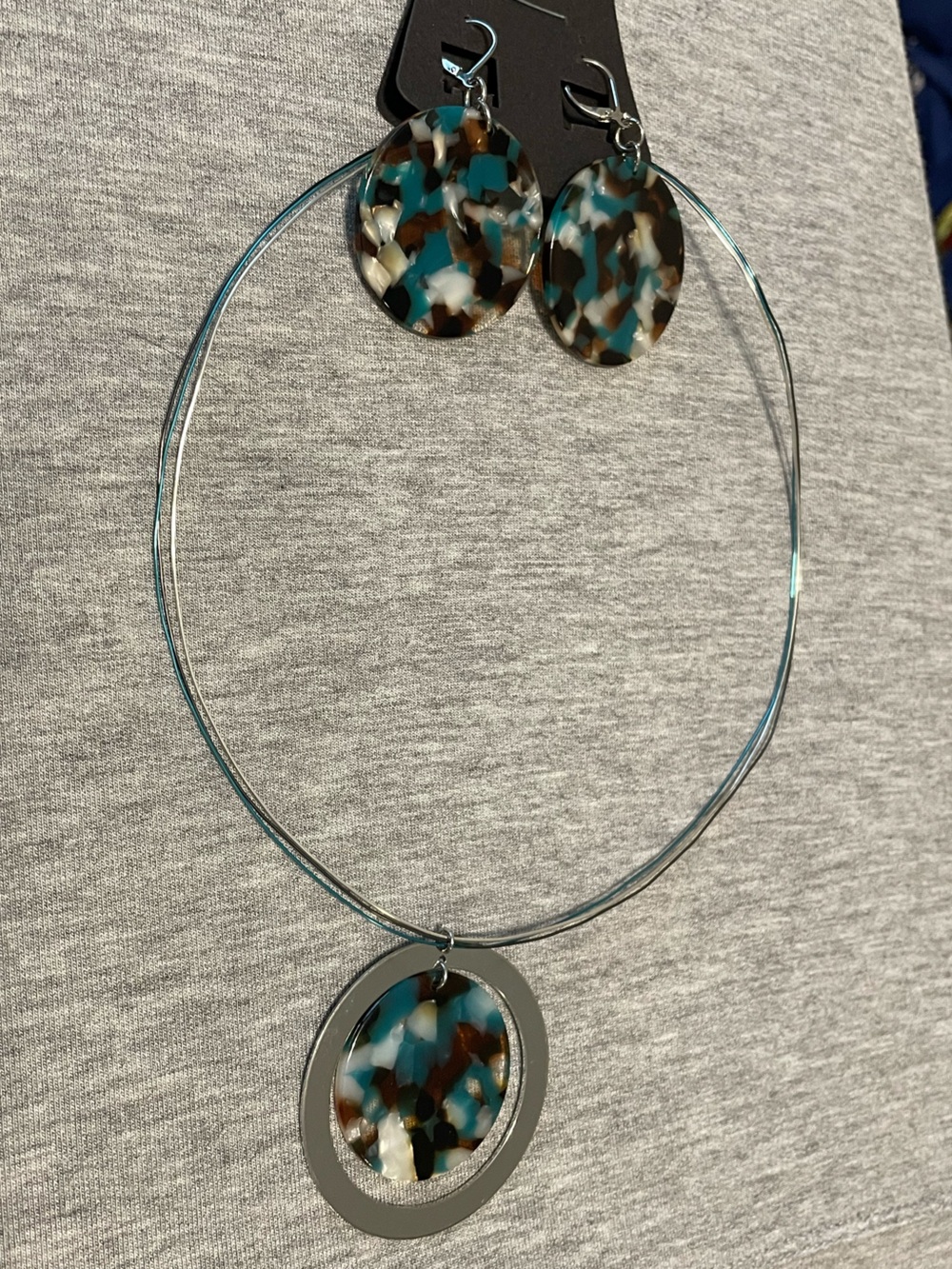 Teal, Brown & White Resin Disc Necklace & Earring Set